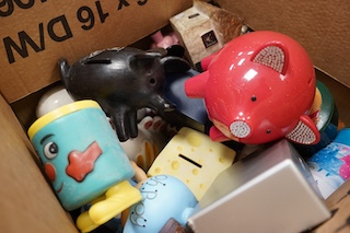 Three boxes of mixed, china wooden and metal novelty money boxes mostly from the 1960’s and later. Condition - variable